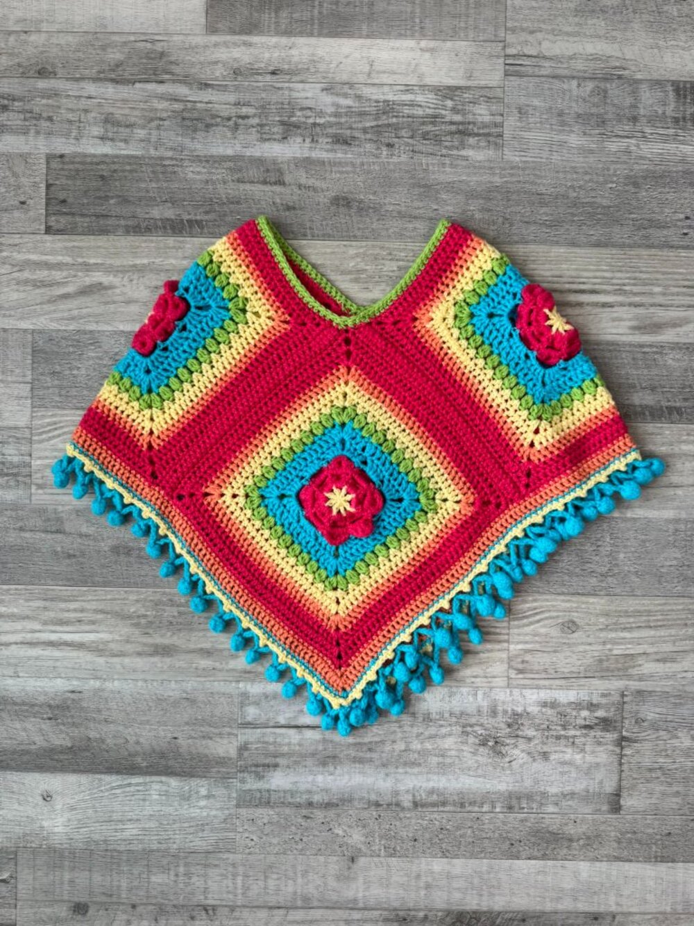 Rainbow Granny Square Handmade Crochet Small Poncho Fits XS/S K50 - Picture 6 of 6